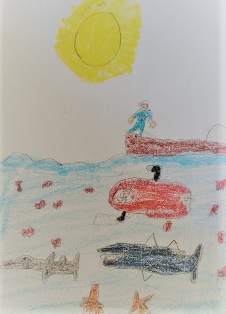 A student's drawing of a person in a boat with the sun shining as fish, a shark, and a submarine swim in the sea.