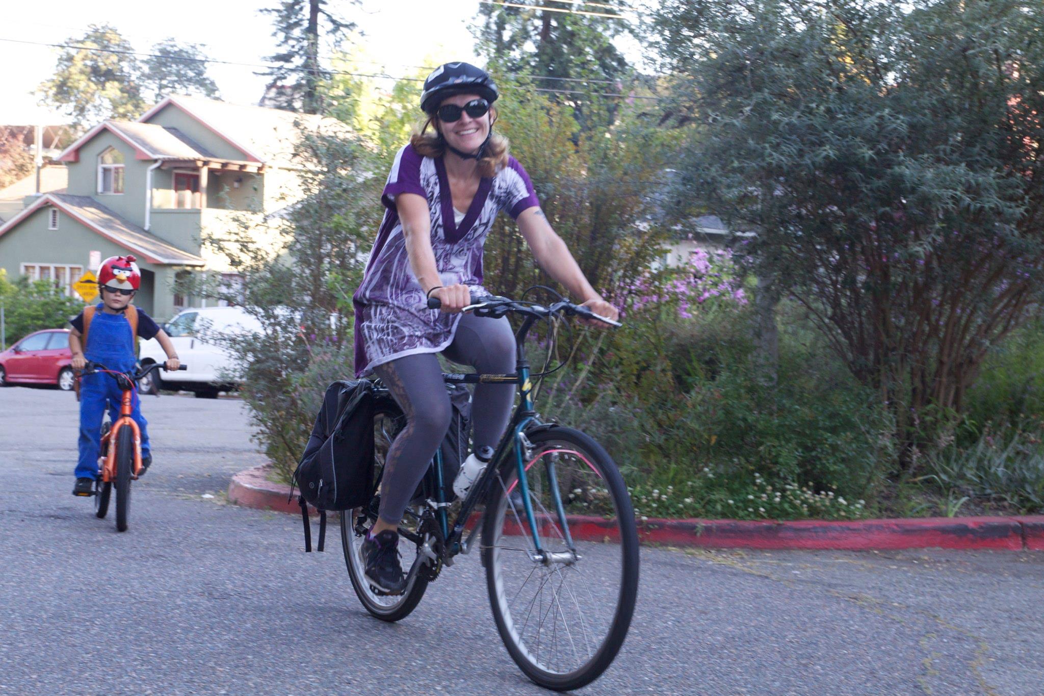 Megan riding her bike with son Myles